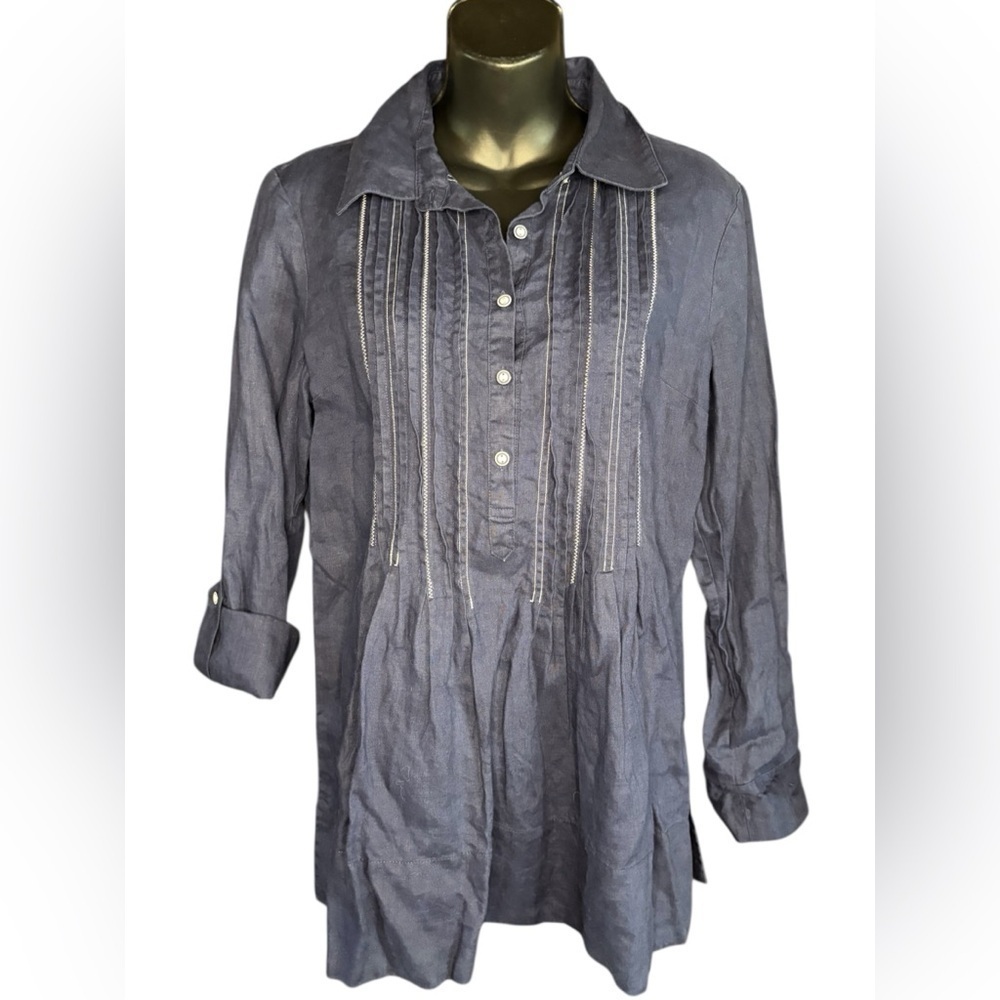 Coldwater Creek Womens navy blue 100% linen tunic front button longsleeve sz M